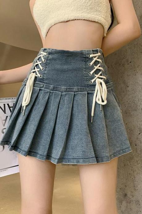 Denim Pleated Skirt Korean Fashion Women Bandage High Waist A-line Cute Sexy Cargo Jean Mini Skirt Summer Y2k Girl