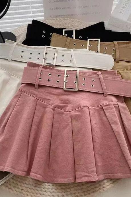 Summer Pleated Skirt Women Korean Fashion With Belt Mini Skirts Girl Kawaii High Waist School Uniform A-line Short Skirts