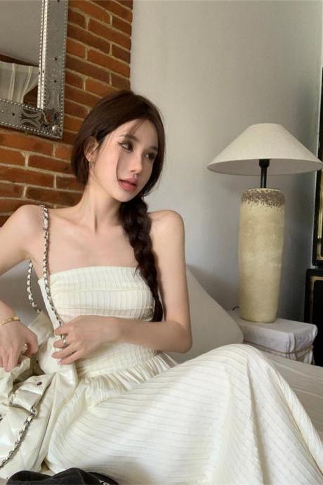 In Summer Elegant Midi Dress For Women White Slim Sleeveless Strapless Fashion Chic Birthday Party Dresses Korean Clothes