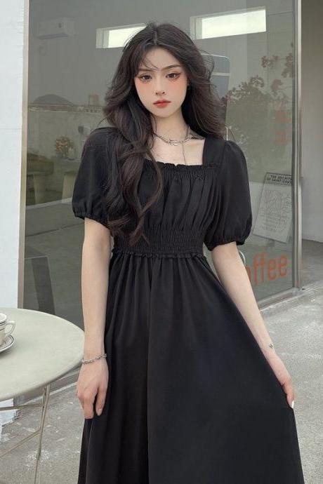 Elegant Black Dress For Women Plus Size Vintage Short Sleeve Summer French Vintage Square Collar Puff Sleeve Slim Long Dress