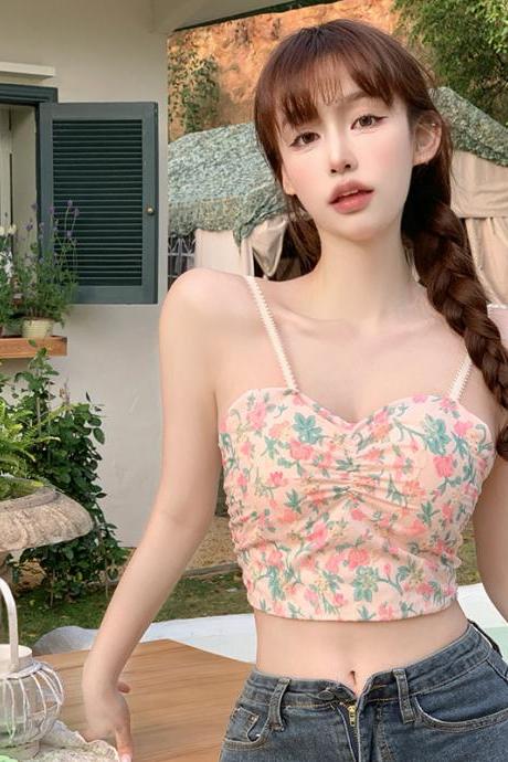 Sexy Tank Tops Navel Padded Women's Camisole Korean Version Floral Print Slim