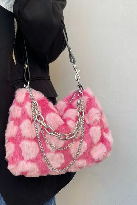 Y2k Girls Pink Love Underarm Bags Soft Plush Heart Pattern Ladies Shoulder Bag Female Chain Furry Crossbody Bag Handbags