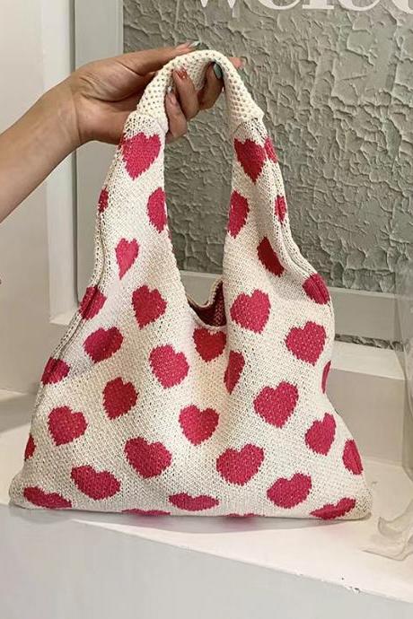Women&amp;#039;s Designer Underarm Pink Heart Shoulder Bag Small Tote Knite Handwoven Y2k Valentine Gift Soft Contrast Color Open Pocket