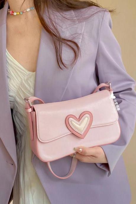 Pink Heart Women&amp;#039;s Shoulder Bags Small Square Flap Underarm Bag Fashion Love Ladies Armpit Bag Clutch Purses Female Handbags