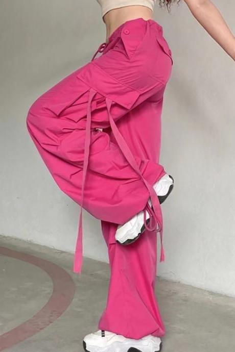 Pink Y2K Cargo Pants Woman Loose Pocket Trousers Wide Leg Hot Pink Sashes Belt Campus Female High Street Baggy Wide Leg Trousers