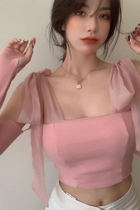 Sweet Girly Pink Camis Detachable Sleeve Bow Knitted Tank Tops Women Summer Fashion White Cropped Tops