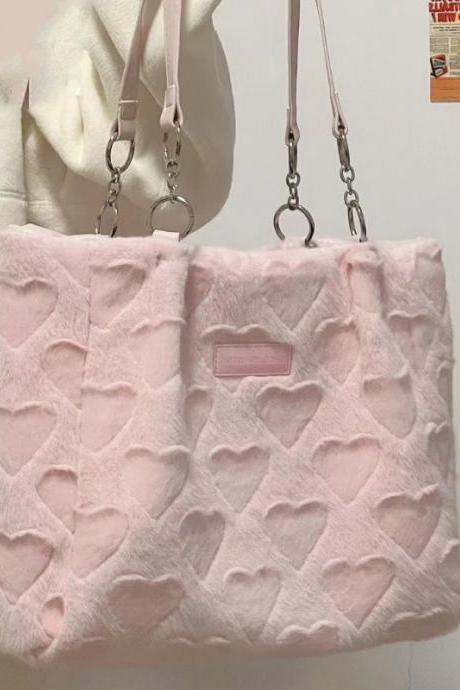 Cute Furry Women&amp;#039;s Casual Tote Bags Love Heart Ladies Sweet Shoulder Underarm Bags Solid Color Female Fashion Plush Handbags