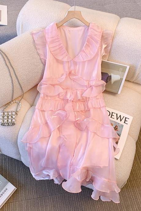 Women 2023 Summer Night Party Pink Dress Sleeveless Ruff V Neck Princess Vintage Dresses Elegant Ladies Chic Casual Clothes