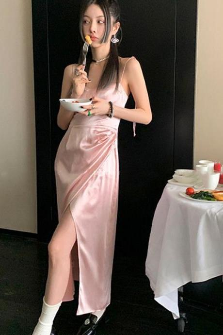 Y2k Pink Slip Dresses Women Sexy Korean Fashion Vintage Chic Satin Backless Long Dress Elegant Luxury Aesthetic Summer