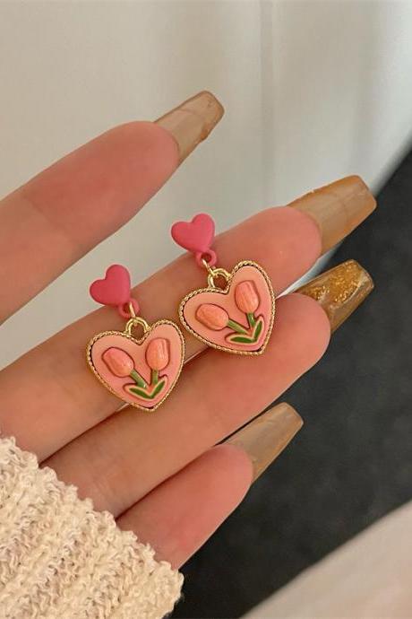 Wholesale 5pairs Sweet Pink Enamel Barbie Heart Ear Drop Ear Dangle Pink Stud Earring Fashion Chic Girlish Jewelry Accessories
