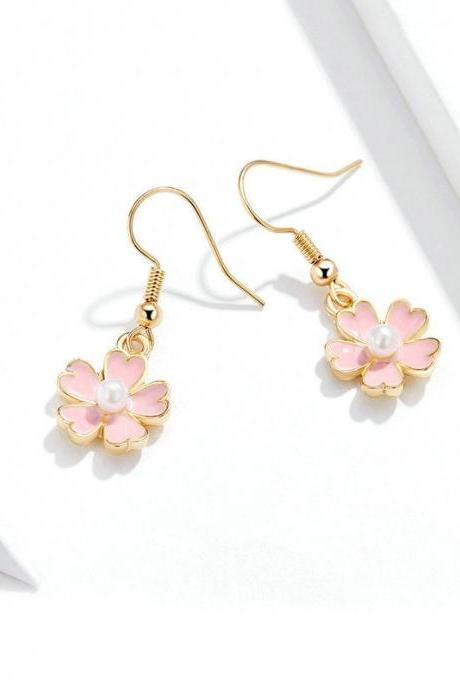Pink Enamel Pearl Flower Sakura Dangle Earring For Women Korean Lovely Simple Ear Pendants Jewelry Wholesale Christmas Gift