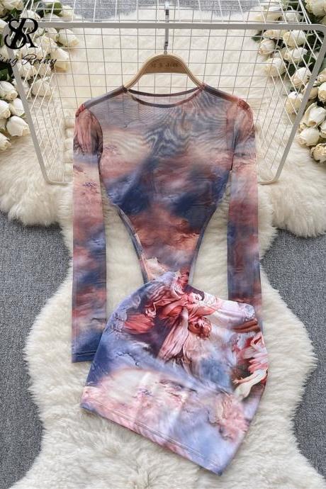 Fashion Hotsweet Two Pieces Suits O Neck Long Sleeved Transparent Bodysuit Top+ Skinny Mini Skirt Tie Dye Print Sets