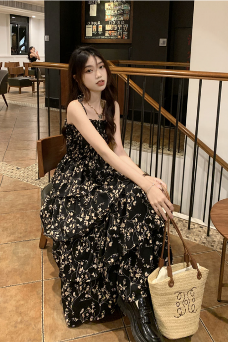 Deeptown Y2k Korean Style One Piece Floral Dress Women Vintage Elegant Layered High Waist Black Long Slip Fairy Dresses Summer