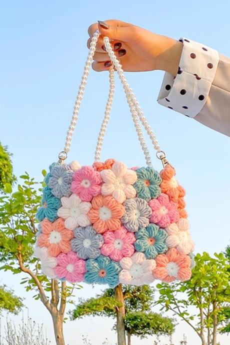 Flower Hand Woven Diy Knitted Bag Women Cotton Woolen Daisy Bag Shoulder Messenger Bag Rural Style Pearl Chain Crochet Bag