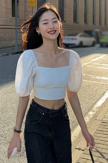 Summer Crop Top For Women Back Hollow Casual T Shirt Sexy Blouse Square Neck
