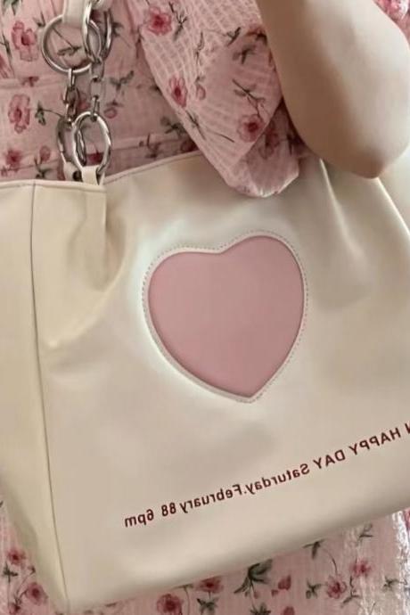 Y2k Korean Lolita Elegant Tote Love Heart Ladies Sweet Shoulder Messenger Girls Student Underarm Travel Bag Pu Handbags Bags