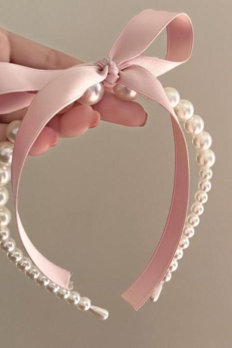 Pink Satin Pearl Hair Band Cream Color Girl Bow Ribbon Sweet Temperament Headband Hair Hoop Headwear Women Jewelry Accessories