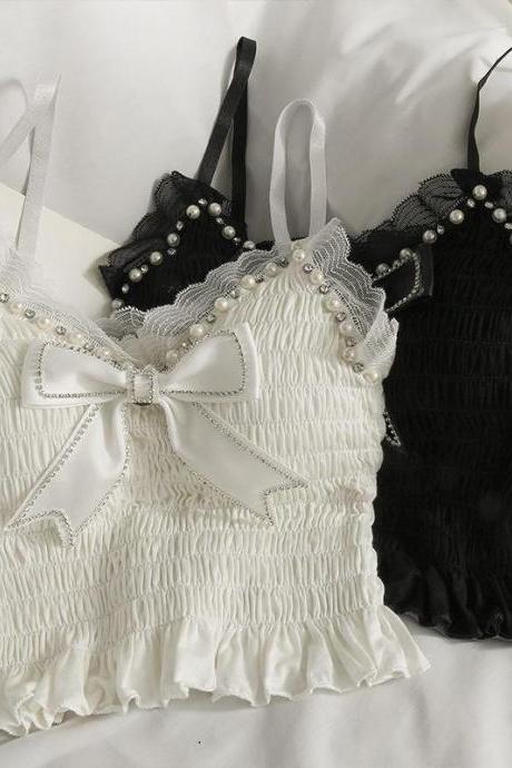 Summer Lace Bow Camisole For Women Pleated Crop Tops Vintage Clothes Harajuku Solid Sexy Ladies Sweet Elegant Camisole