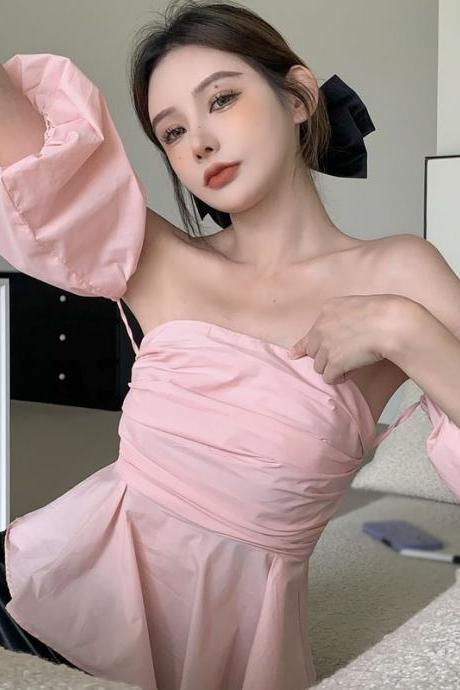 Sexy Women Slash Neck Strapless Blouse Tops Korean Puff Sleeve Slim Short Woman Shirts