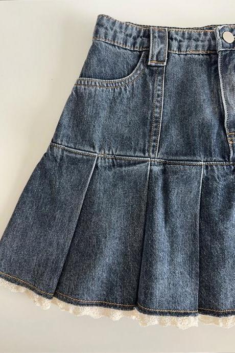 American Retro Kawaii Denim Mini Skirt Women Sexy Gyaru Lace Patchwork High Waist Pleated Jean Skirts Y2k Shorts Summer 2023