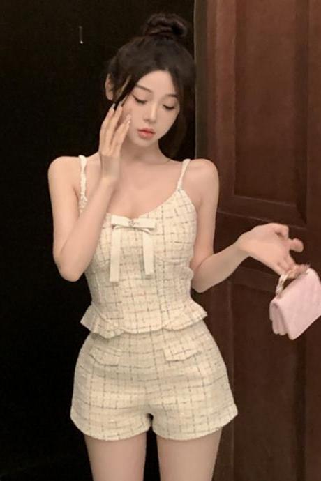 Summer Korean Fashion Small Fragrance Two Piece Set Women Girl Hotsweet Vest Crop Top + Short Sets Sweet Tweed 2 Piece Pant Sets