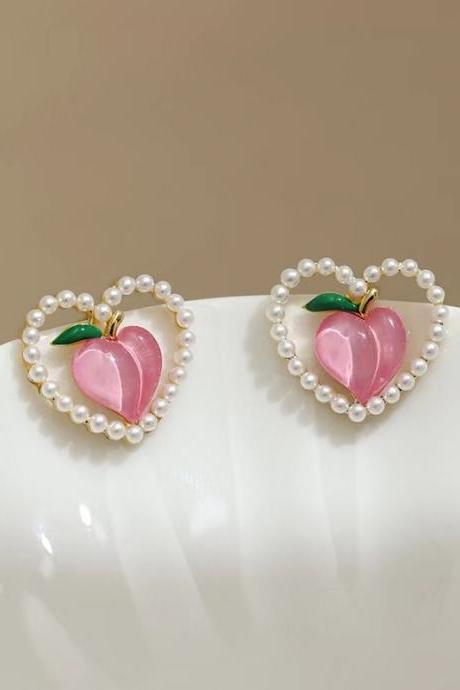 Summer Peach Earrings Female Niche Design Lovely Sweet Versatile Pearl Love Earrings Birthday Party Gift Accessories