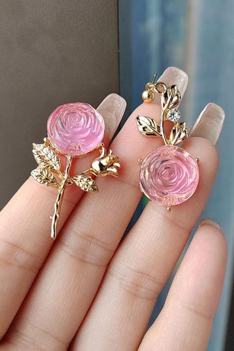 2023 Cherry Pink Crystal Rose Earrings For Women Asymmetric Design Long Style Temperament Earrings French Vintage Jewelry