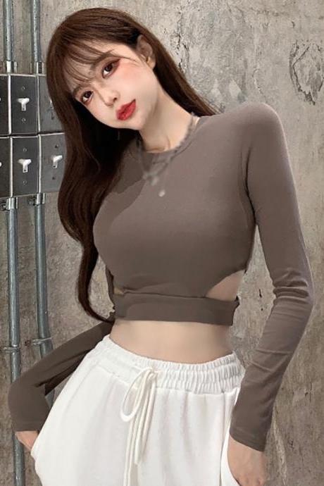 Slim Hollow Crop Top Women Solid Basic Long Sleeve Tshirt Casual White Fashion T Shirt Ladies Fashion Korean Hollow Tee