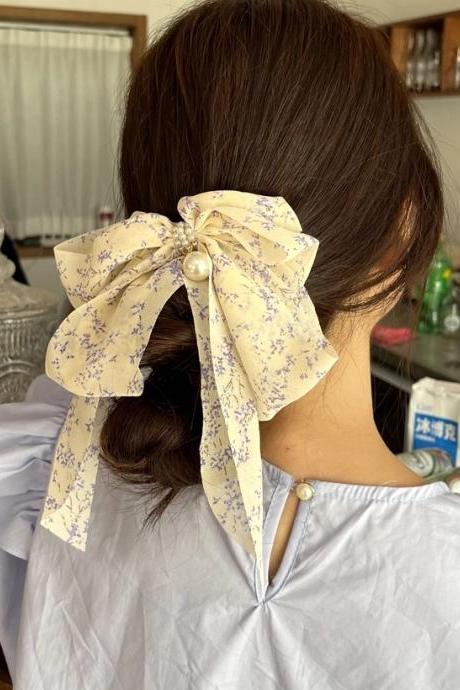 Spring Fashion Flower Chiffon Oversized Bowknot Hair Clip Elegant Pearl Knotted Layered Barrette Retro Ponytail Clip For Women