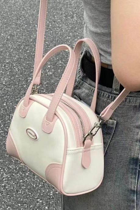 Sweet Cute Handbags For Women Pu Leather Letter Pink White Boston Crossbody Bag Vintage Elegant Bowling Shoulder Bag
