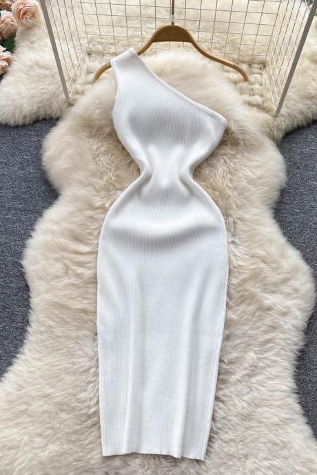 Ins Fashion Sexy One Shoulder Knitted Bodycon Dress Lady Elastic Outfits Package Hips White Mini Dress