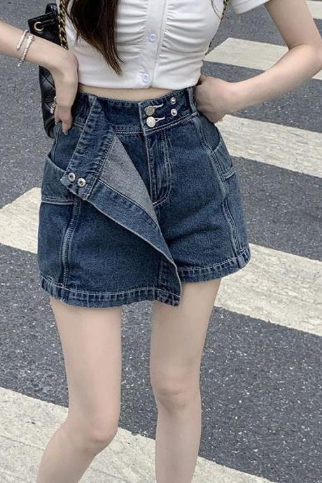 Button Pockets Patchwork Asymmetrical Zipper Solid Color Shorts Women&amp;#039;s Clothing Fashion Loose Streetwear Summer Thin High Waist
