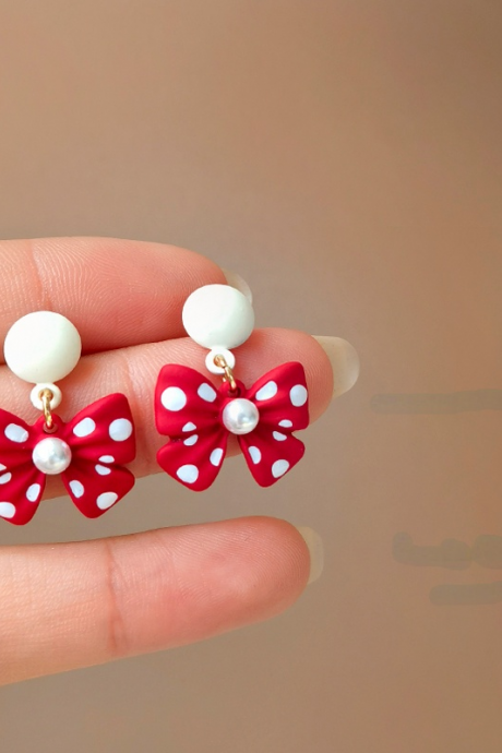 925 Silver Needle Women Jewelry Red Bowknot Earring Pretty Design Sweet Dots Bow Dangle Drop Earrings