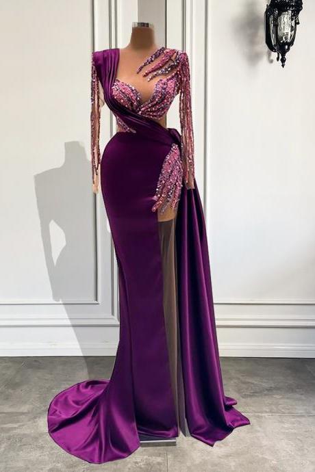 Long Sleeve Evening Dresses 2023 Luxury Real Sample Pearls Dubai Women Purple Satin Sheer Formal Evening Gowns