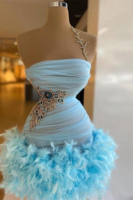 Feather Sky Blue Cocktail Dresses Crystals Beaded Off Shoulder Mini Above Knee Length Prom Dress Sleeveless Customize Club Wear
