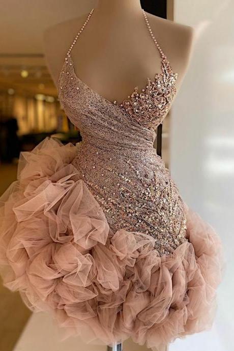 Chic Beaded Lace Mini Cocktail Dresses Sexy Ruffled Tulle Halter Short Prom Dress Dusty Pink