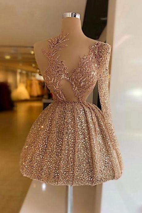 One Shoulder Champagne Prom Dresses For Women 2023 Fashion Short Party Dress Sequined Beaded Homecoming Gowns