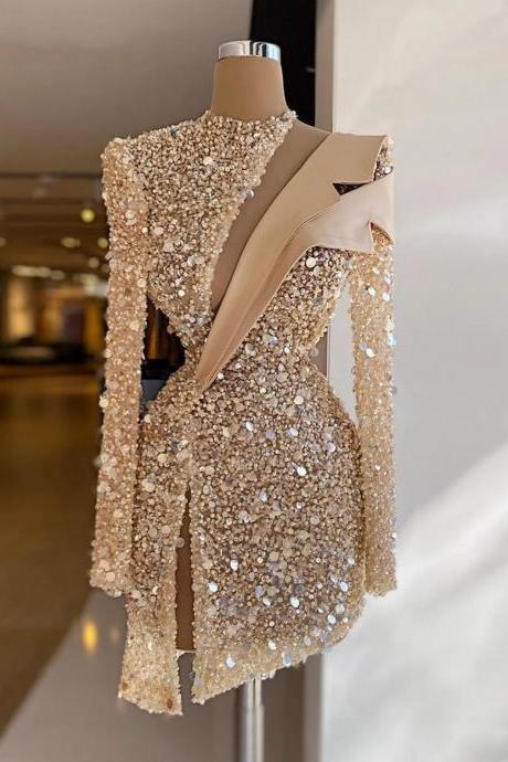Sparkle Crystal Sequins Short Prom Dress 2023 Chic Long Seeves Cut Out Women Formal Suit Party Dresses Beaded Luxury Event Gown