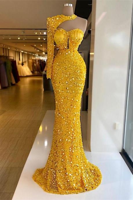 Sexy One Shoulder Shiny Yellow Sequin Beaded Crystal Mermaid Evening Dress Strap Collar Black Formal Party Dresses Vestidos 2023
