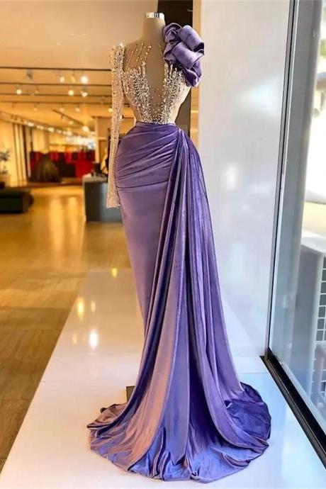 Purple Velour Evening Dresses Beaded Illusion Flowers Long Sleeve Arabic Dress For Women Elegant Mermaid