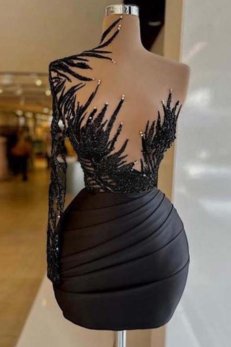 Black 2023 Sexy Cocktail Dresses High Neck One Shoulder Straight Beaded Satin Formal Occasion Dresses 2023