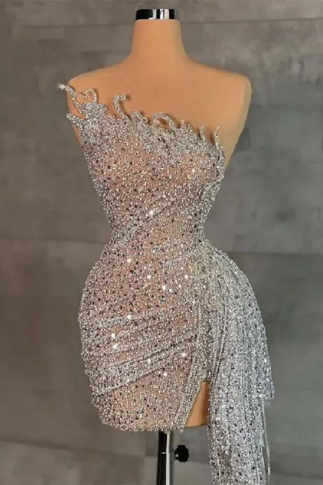 Custom Made Mermaid Silver Beading Sequined Pleated Prom Dresses Miniskirt Short Cocktail Dresses