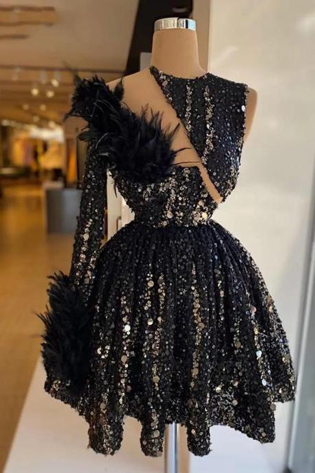 Black Short Prom Dresses Sexy Single Long Shoulder Sleeve Ruffles Feather Mini African Womenluxury Sequined Sparke Cocktail 2023