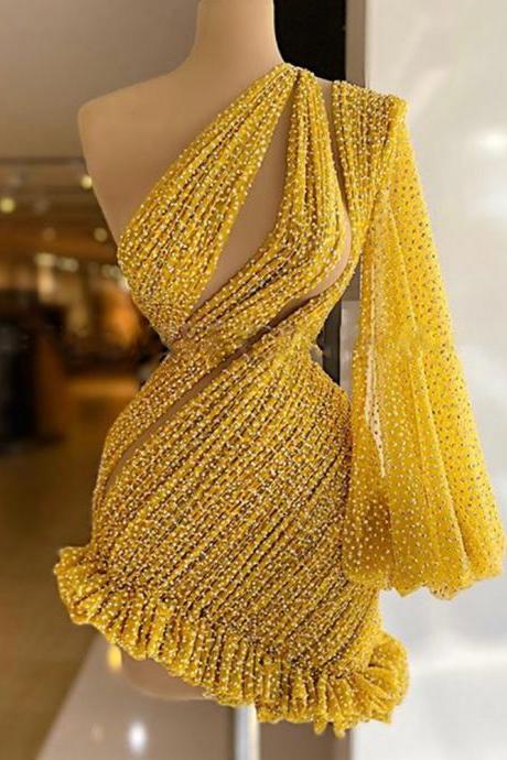 2023 Fashion Gorgeous Beaded Pearls Short Yellow Gold Prom One Shoulder Puffy Sleeve Formal Party Gown Mini Cocktail Dresses