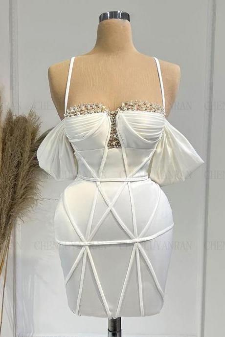 Satin Ivory Cocktail Dresses Spaghetti Strap Pearls Mini Party Dress For Women 2023 Pleat Mermaid Sexy Prom Gown