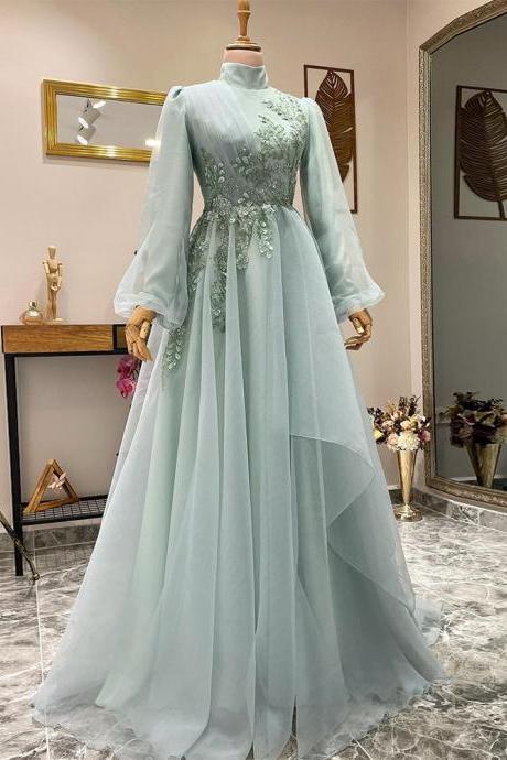 Evening Dress Women A-line Puffy Sleeve High Neck Elegant Prom Dress Tulle Floor Length Party Gowns