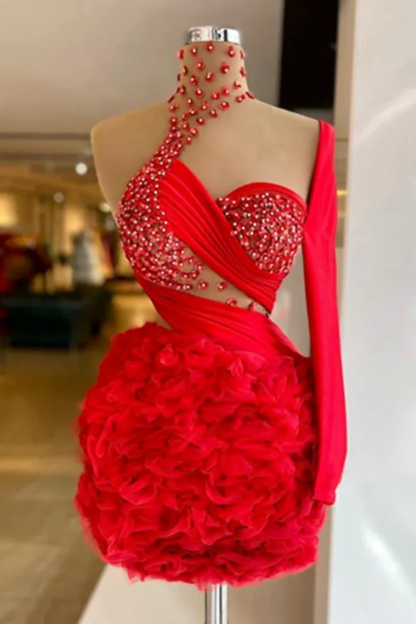 Fashion Red High Collar 3d Flower Applique Beaded Mermaid Evening Dress One Shoulder Long Sleeve Tulle Cocktail Dresses 2023