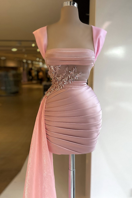 Pink Cocktail Dresses Pleat Satin Beading Mini Skirt Sexy Prom Gowns Custom Made Sheath Mini Evening Party Dress For Women