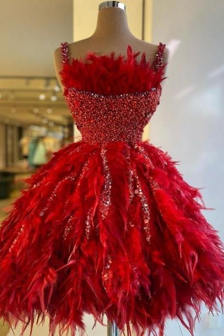 Fashion Red Evening Dress Elegant Square Collar Beading Party Gowns Exquisite Spaghetti Saudi Arabic Formal Mini Prom Dresses