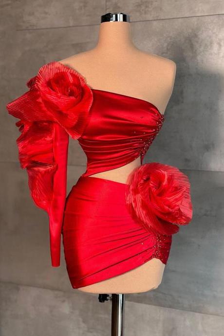 Luxury Red Short Floral Evening Dresses One Shoulder Long Sleeves Ruffles Mini Length Mini Length Satin Prom Dressing Gown